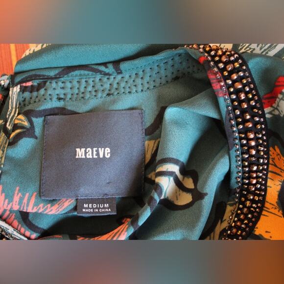 Maeve Anthropologie Teal Floral Dress Beaded Neckline | Womenβs Medium | Mini - Picture 6 of 10